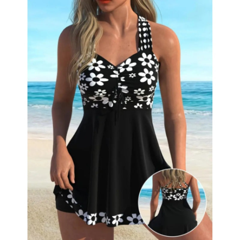 Tankini swimsuit with floral pattern, with shorts - quick-drying fabric, maintaining comfort and elegant style