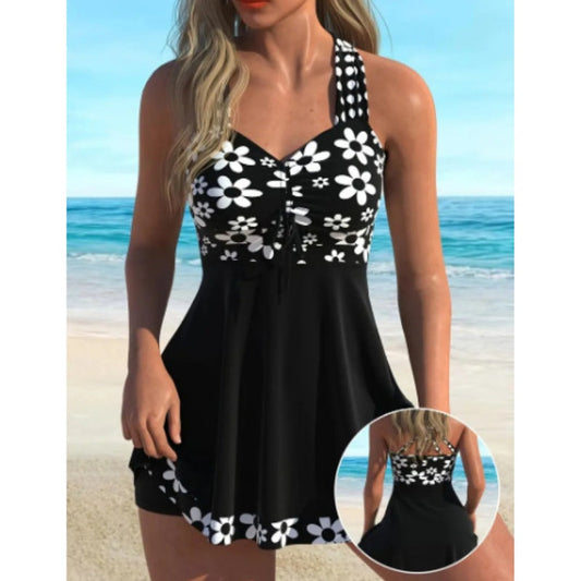 Tankini swimsuit with floral pattern, with shorts - quick-drying fabric, maintaining comfort and elegant style