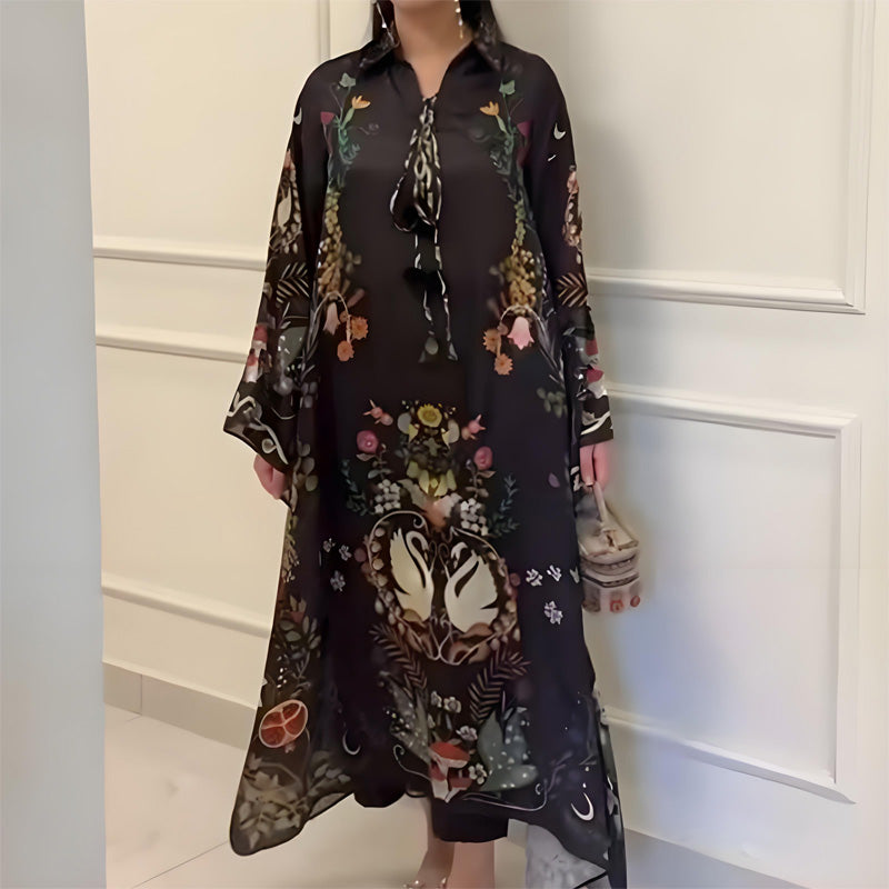 Women’s Printed V-Neck Loose Long-Sleeve Maxi Dress - Seldom Seen Styles