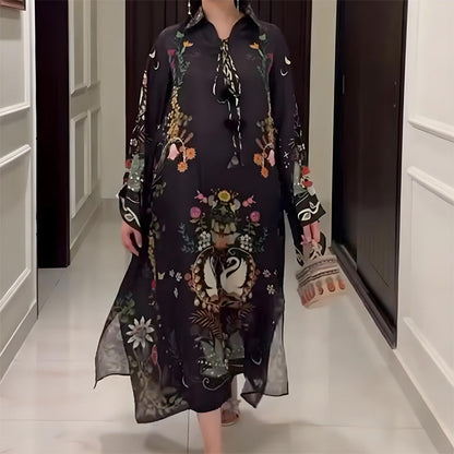 Women’s Printed V-Neck Loose Long-Sleeve Maxi Dress