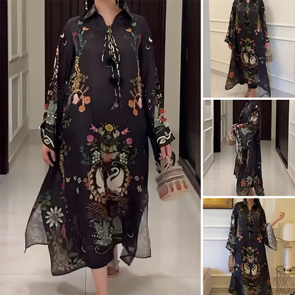 Women’s Printed V-Neck Loose Long-Sleeve Maxi Dress
