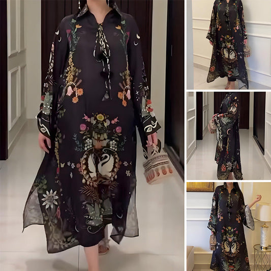 Women’s Printed V-Neck Loose Long-Sleeve Maxi Dress - Seldom Seen Styles