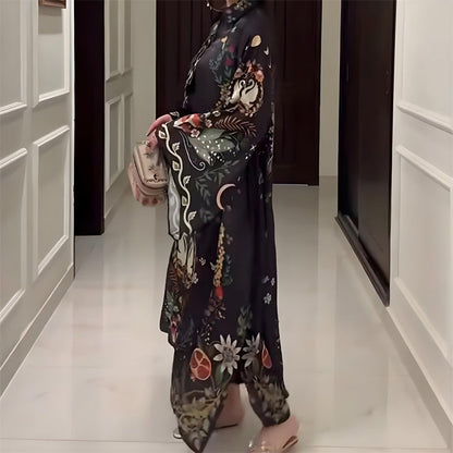 Women’s Printed V-Neck Loose Long-Sleeve Maxi Dress