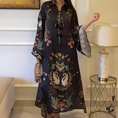 Women’s Printed V-Neck Loose Long-Sleeve Maxi Dress