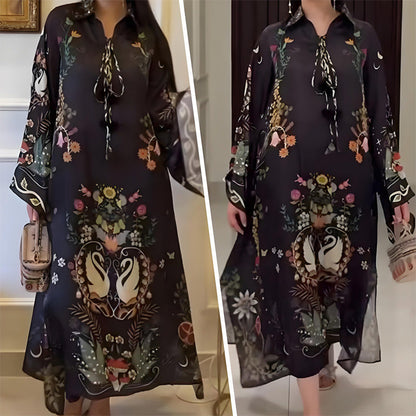 Women’s Printed V-Neck Loose Long-Sleeve Maxi Dress