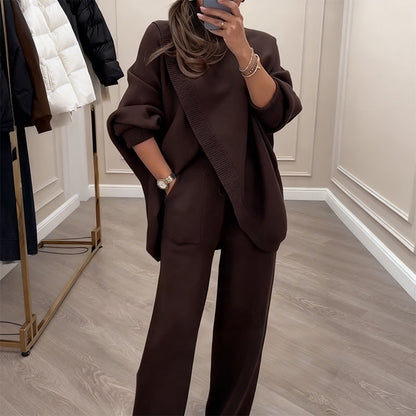 Dames 2-Delig Set – Asymmetrische Trui + Wijdpijpbroek, Ruime Pasvorm & Zacht, Supercomfortabel 👚✨ ✅ Gratis verzending