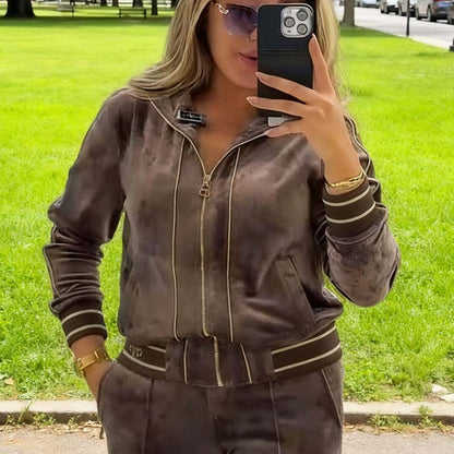 Women's 2-Piece Tracksuit Set with Zip Jacket & Wide-Leg Pants