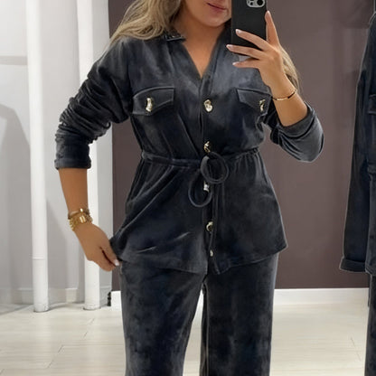 Women's Warm Button-Down Tops & Pants 2-Piece Set - Seldom Seen Styles