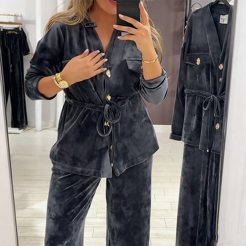 Women's Warm Button-Down Tops & Pants 2-Piece Set - Seldom Seen Styles