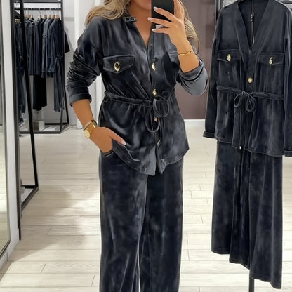 Women's Warm Button-Down Tops & Pants 2-Piece Set - Seldom Seen Styles