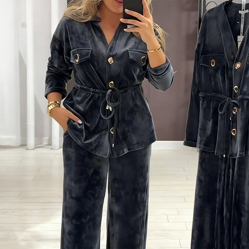 Women's Warm Button-Down Tops & Pants 2-Piece Set - Seldom Seen Styles