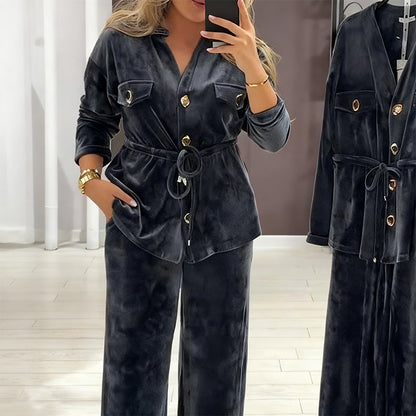 Women's Warm Button-Down Tops & Pants 2-Piece Set - Seldom Seen Styles