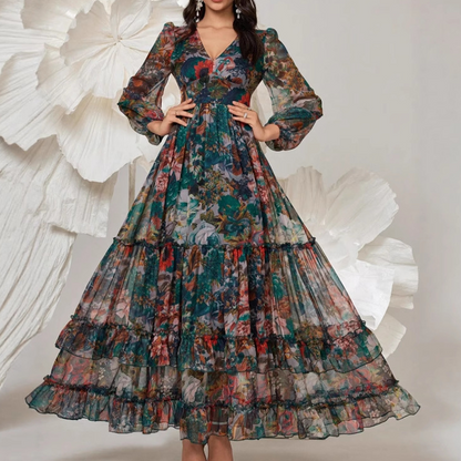 Women's Floral Maxi Dress V Neck Lantern Sleeve Tiered Cottagecore Boho Dress