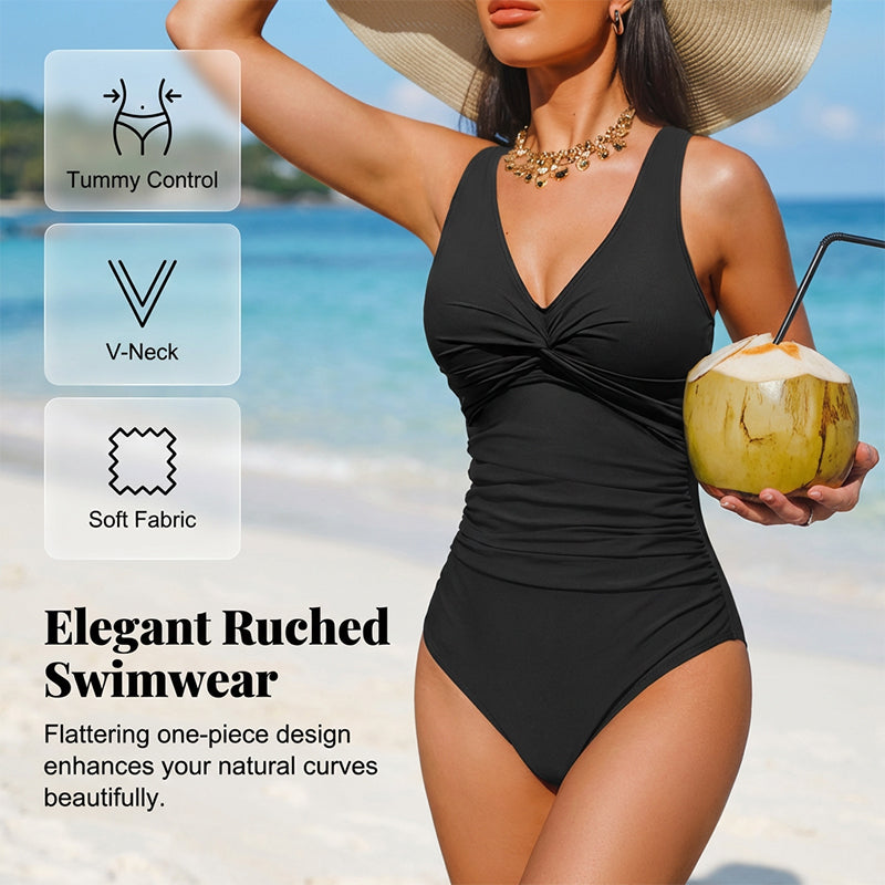 Women's One Piece Swimsuit Tummy Control Ruched Bathing Suit V Neck Slimming Swimwear Beach Vacation Pool Party Plus Size S-2XL Black White Floral Leopard