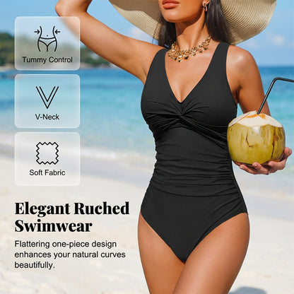 Women's One Piece Swimsuit Tummy Control Ruched Bathing Suit V Neck Slimming Swimwear Beach Vacation Pool Party Plus Size S-2XL Black White Floral Leopard