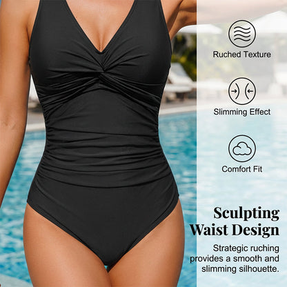 Women's One Piece Swimsuit Tummy Control Ruched Bathing Suit V Neck Slimming Swimwear Beach Vacation Pool Party Plus Size S-2XL Black White Floral Leopard