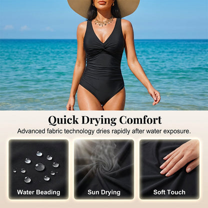 Women's One Piece Swimsuit Tummy Control Ruched Bathing Suit V Neck Slimming Swimwear Beach Vacation Pool Party Plus Size S-2XL Black White Floral Leopard