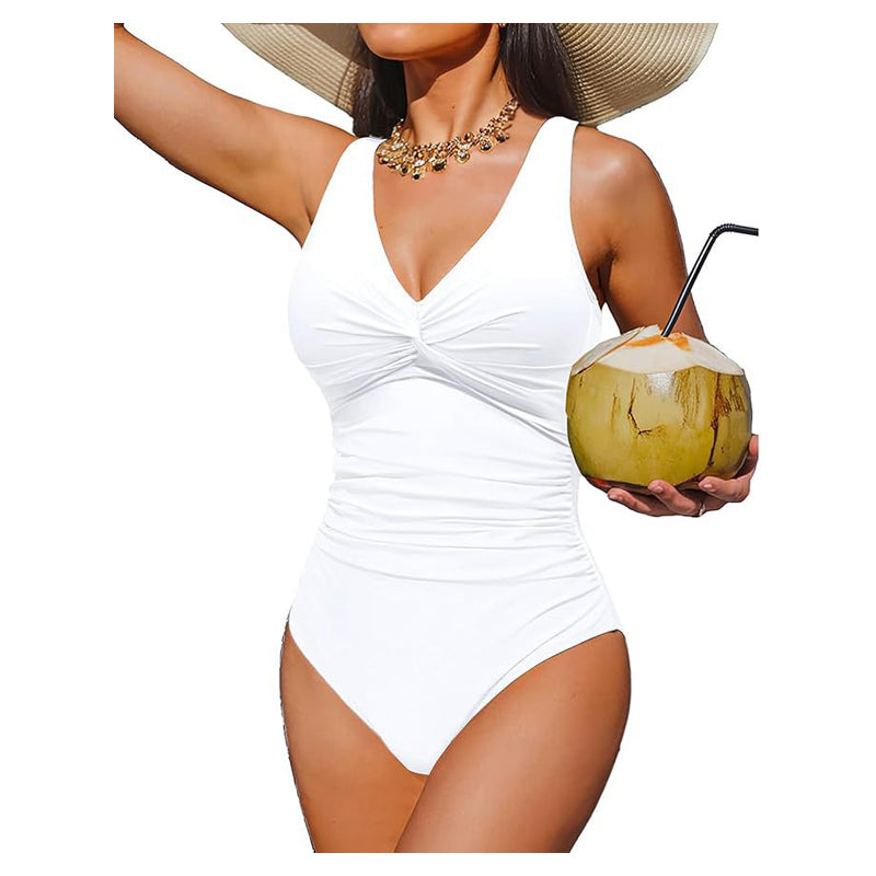 Women's One Piece Swimsuit Tummy Control Ruched Bathing Suit V Neck Slimming Swimwear Beach Vacation Pool Party Plus Size S-2XL Black White Floral Leopard