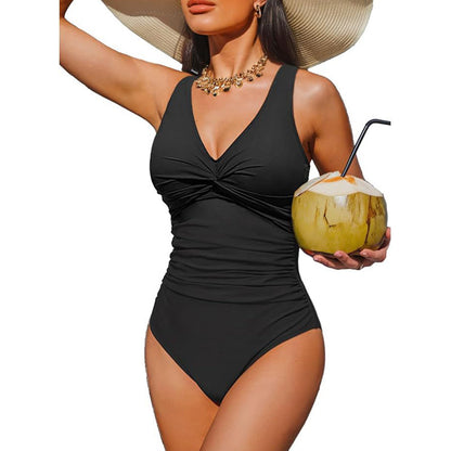 Women's One Piece Swimsuit Tummy Control Ruched Bathing Suit V Neck Slimming Swimwear Beach Vacation Pool Party Plus Size S-2XL Black White Floral Leopard