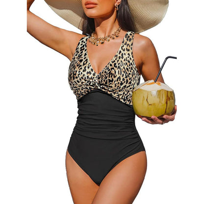 Women's One Piece Swimsuit Tummy Control Ruched Bathing Suit V Neck Slimming Swimwear Beach Vacation Pool Party Plus Size S-2XL Black White Floral Leopard