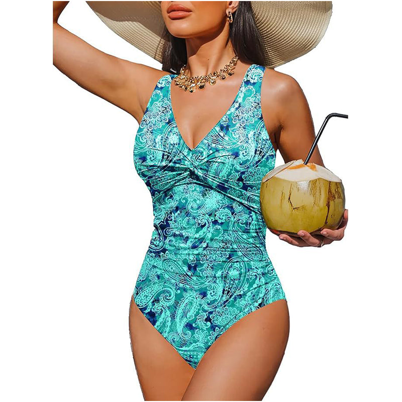 Women's One Piece Swimsuit Tummy Control Ruched Bathing Suit V Neck Slimming Swimwear Beach Vacation Pool Party Plus Size S-2XL Black White Floral Leopard