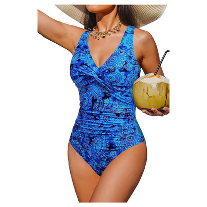 Women's One Piece Swimsuit Tummy Control Ruched Bathing Suit V Neck Slimming Swimwear Beach Vacation Pool Party Plus Size S-2XL Black White Floral Leopard
