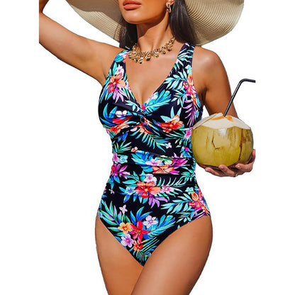 Women's One Piece Swimsuit Tummy Control Ruched Bathing Suit V Neck Slimming Swimwear Beach Vacation Pool Party Plus Size S-2XL Black White Floral Leopard