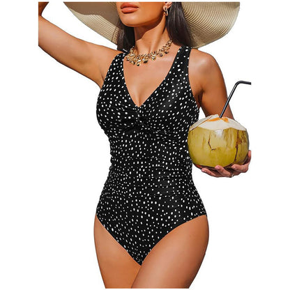 Women's One Piece Swimsuit Tummy Control Ruched Bathing Suit V Neck Slimming Swimwear Beach Vacation Pool Party Plus Size S-2XL Black White Floral Leopard