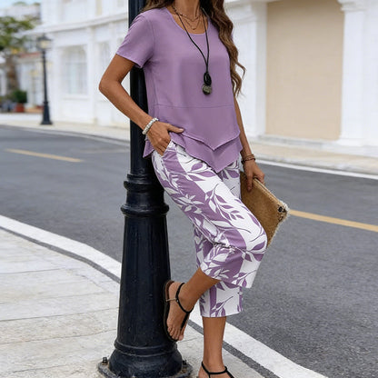 Women's Two Piece Outfit Layered Tunic Top and Wide Leg Floral Pants Casual Summer Set
