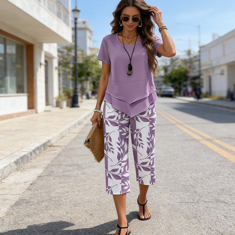 Women's Two Piece Outfit Layered Tunic Top and Wide Leg Floral Pants Casual Summer Set - Seldom Seen Styles