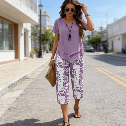 Women's Two Piece Outfit Layered Tunic Top and Wide Leg Floral Pants Casual Summer Set