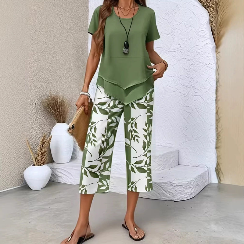 Women's Two Piece Outfit Layered Tunic Top and Wide Leg Floral Pants Casual Summer Set - Seldom Seen Styles