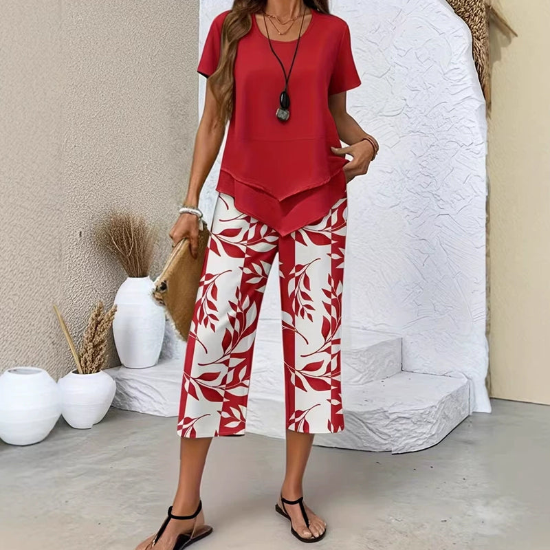 Women's Two Piece Outfit Layered Tunic Top and Wide Leg Floral Pants Casual Summer Set - Seldom Seen Styles
