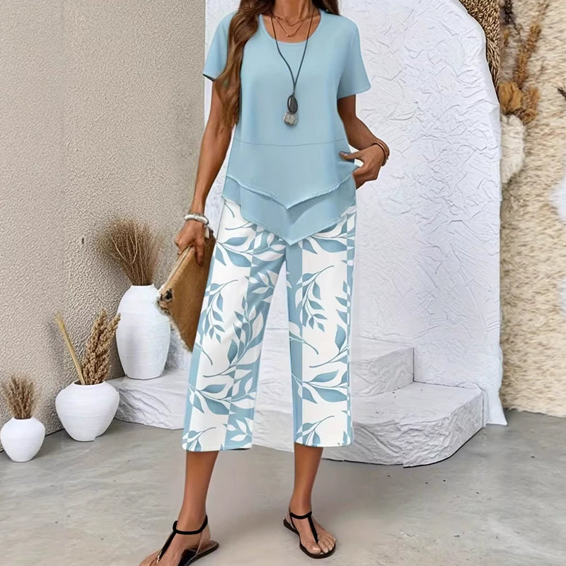 Women's Two Piece Outfit Layered Tunic Top and Wide Leg Floral Pants Casual Summer Set - Seldom Seen Styles