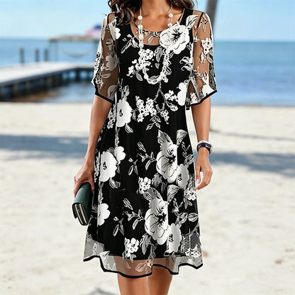 Women's Floral Chiffon Dress Short Sleeve Mesh Overlay Elegant Casual Summer Dress