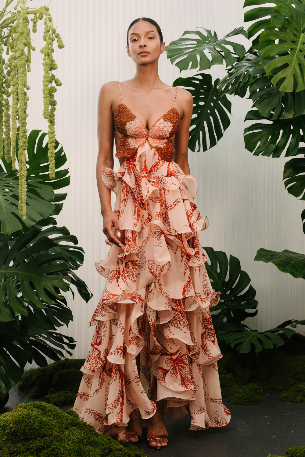 gloria sunset butterfly ruffle layer maxi dress