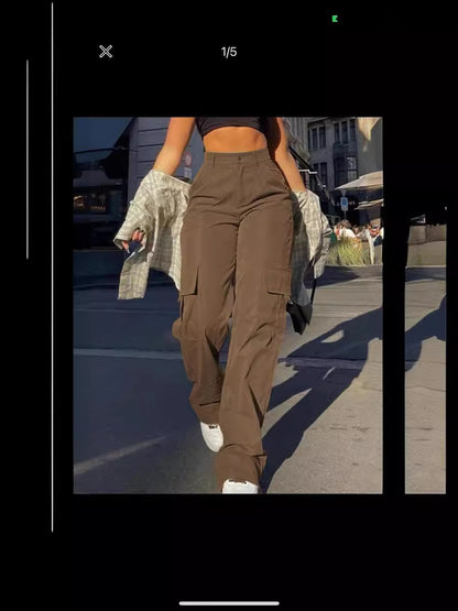 Damen Basic Minimalistische Schlichte Cargohose mit Knopfleiste und Taschen, Mode Y2K Kleidung Damen, Bequeme Freizeit Street High Waist Weite Beinhose für Frühling & Herbst, Sommerhose, Damen Unterteile für den Alltag, Damenmode, Preppy 80er Kleidung
