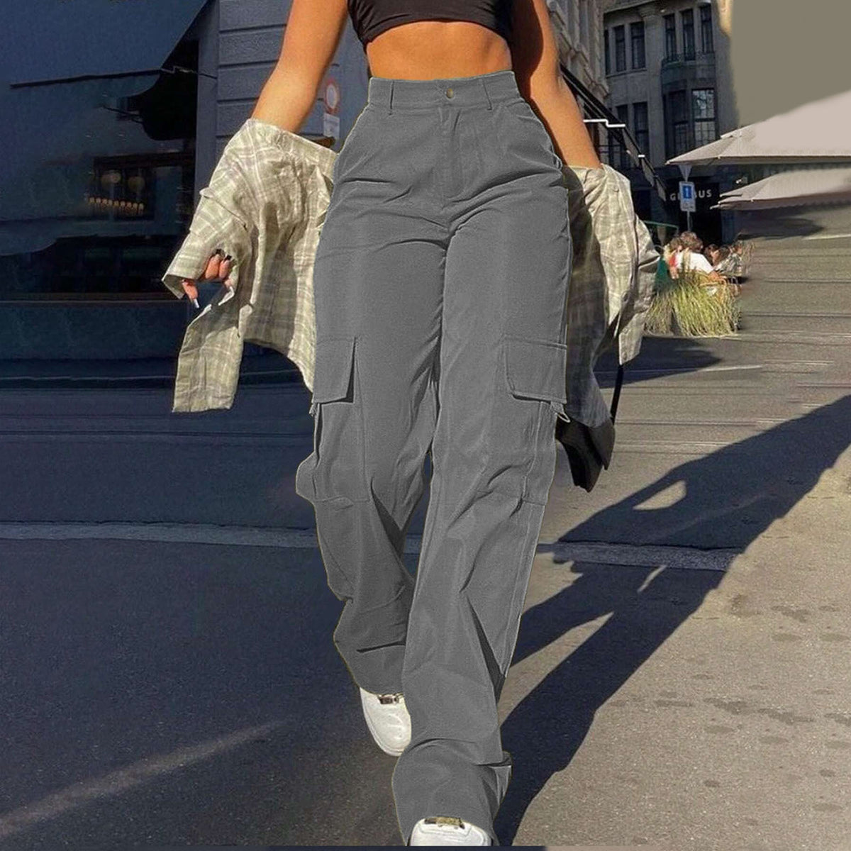 Women's Basic Minimalist Plain Button Front Pocket Cargo Pants, Fashion Y2K Clothes Women, Comfort Casual Street High Waist Wide Leg Trousers For Spring & Fall, Summer Pants, Ladies' Bottoms For Daily Wear, Womenswear, Preppy 80s Clothes - Seldom Seen Styles