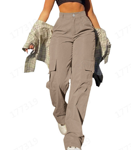 Women's Basic Minimalist Plain Button Front Pocket Cargo Pants, Fashion Y2K Clothes Women, Comfort Casual Street High Waist Wide Leg Trousers For Spring & Fall, Summer Pants, Ladies' Bottoms For Daily Wear, Womenswear, Preppy 80s Clothes - Seldom Seen Styles