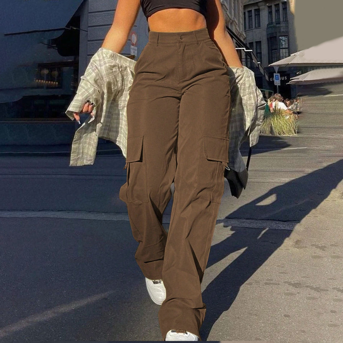 Women's Basic Minimalist Plain Button Front Pocket Cargo Pants, Fashion Y2K Clothes Women, Comfort Casual Street High Waist Wide Leg Trousers For Spring & Fall, Summer Pants, Ladies' Bottoms For Daily Wear, Womenswear, Preppy 80s Clothes - Seldom Seen Styles