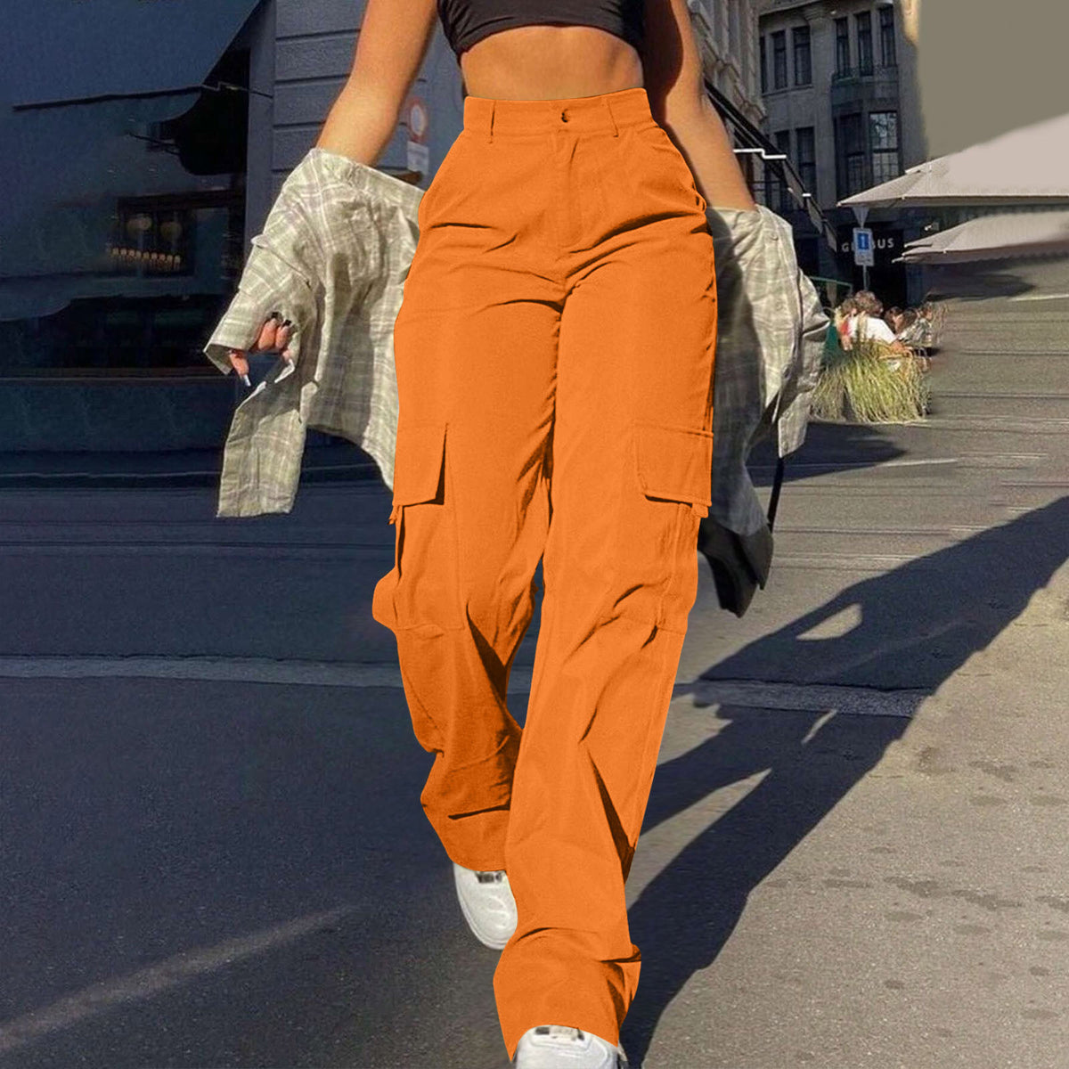 Women's Basic Minimalist Plain Button Front Pocket Cargo Pants, Fashion Y2K Clothes Women, Comfort Casual Street High Waist Wide Leg Trousers For Spring & Fall, Summer Pants, Ladies' Bottoms For Daily Wear, Womenswear, Preppy 80s Clothes - Seldom Seen Styles