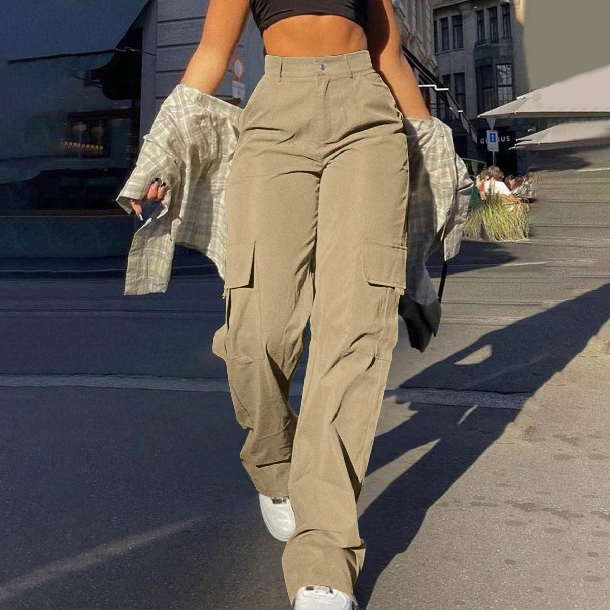 Women's Basic Minimalist Plain Button Front Pocket Cargo Pants, Fashion Y2K Clothes Women, Comfort Casual Street High Waist Wide Leg Trousers For Spring & Fall, Summer Pants, Ladies' Bottoms For Daily Wear, Womenswear, Preppy 80s Clothes - Seldom Seen Styles