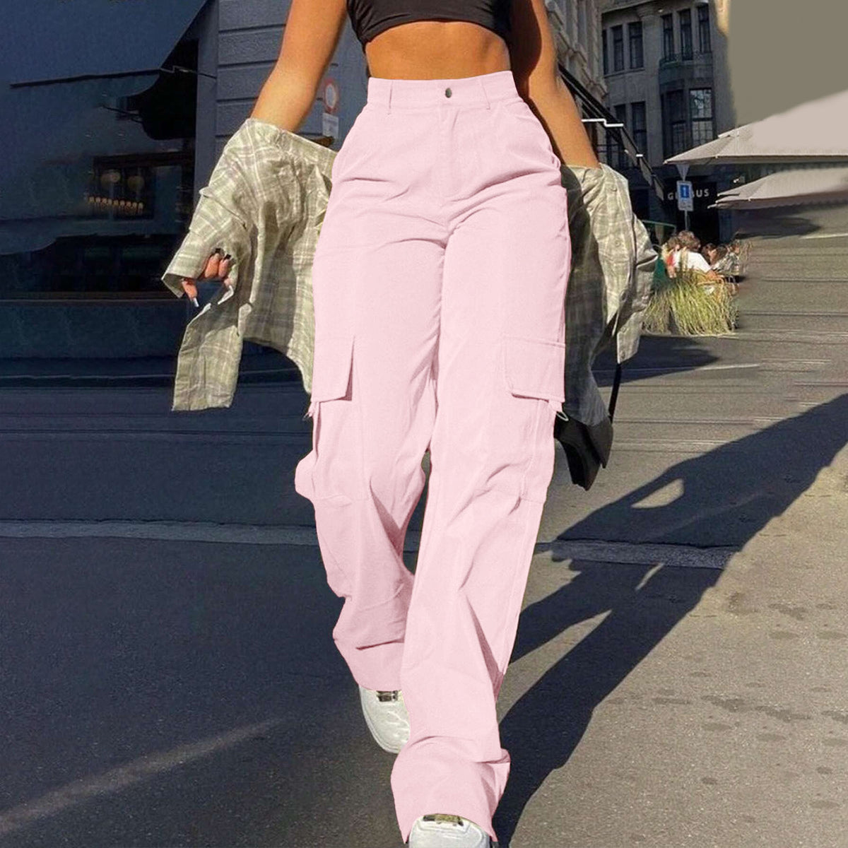 Women's Basic Minimalist Plain Button Front Pocket Cargo Pants, Fashion Y2K Clothes Women, Comfort Casual Street High Waist Wide Leg Trousers For Spring & Fall, Summer Pants, Ladies' Bottoms For Daily Wear, Womenswear, Preppy 80s Clothes - Seldom Seen Styles