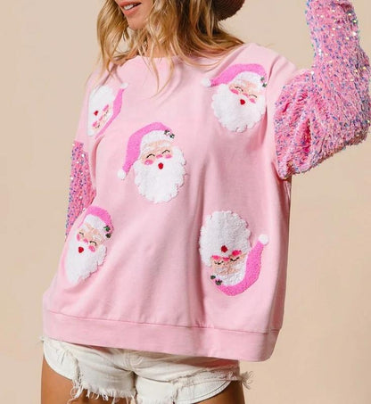 Chemisier de Noël scintillant à imprimé pailleté pour femme Chemisier de Noël scintillant à imprimé pailleté Sweat-shirt mignon pour femme Col rond Manches longues Pull-overs Tops Décorations de Noël Sweat-shirt Père Noël décontracté ample