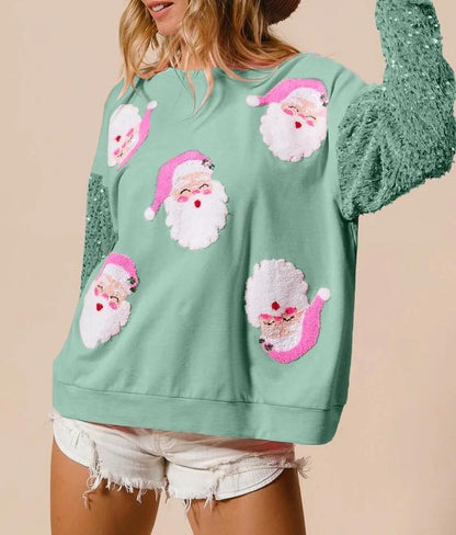 Chemisier de Noël scintillant à imprimé pailleté pour femme Chemisier de Noël scintillant à imprimé pailleté Sweat-shirt mignon pour femme Col rond Manches longues Pull-overs Tops Décorations de Noël Sweat-shirt Père Noël décontracté ample