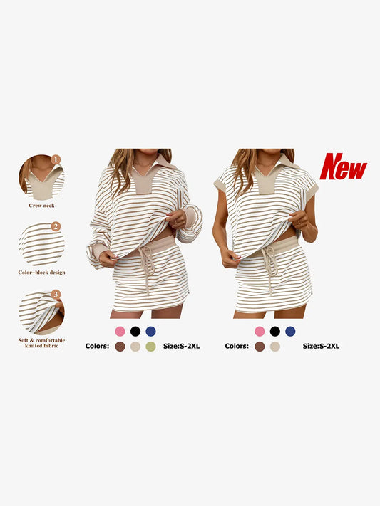 Fisoew Striped 2 Piece Outfits Casual Sweatshirt Skirt Set Long Sleeve Skort Workout Set Matching Lounge Sets Women's Matching Sets Women #Springtok #TikTokShopHolidayHaul #TikTokShopJumpstartSale Fabrics Elastic two piece set Elegance Shorts - Seldom Seen Styles