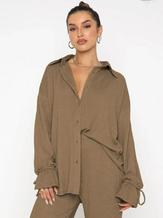 Women's  Plain Button Front Pants 2 Piece Sets, Back To School Outfits, Casual Basic Breathable Comfortable Soft Drawstring Longsleeves Cuff Blouse & Split Wide Leg Pants, Fall Clothing for Women Fall Daily Wear, Two Piece Set Women, Suits - Seldom Seen Styles