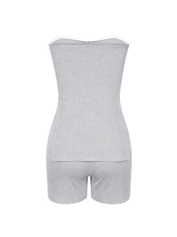 Two-piece Set-Women's-Minimalist-Solid Split Hem Tube Top & Elastic Waist Shorts Two-piece Set,-Lady-Comfort-Sleeveless Strapless Top & Skinny Shorts, Casual Summer Outfits Clothes Set for Outdoor Holiday,-Womenswear-Suits Downtown Girl Clothes - Seldom Seen Styles