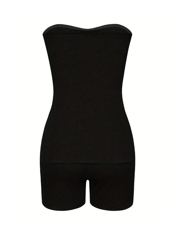 Two-piece Set-Women's-Minimalist-Solid Split Hem Tube Top & Elastic Waist Shorts Two-piece Set,-Lady-Comfort-Sleeveless Strapless Top & Skinny Shorts, Casual Summer Outfits Clothes Set for Outdoor Holiday,-Womenswear-Suits Downtown Girl Clothes - Seldom Seen Styles