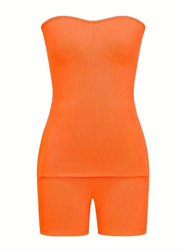 Two-piece Set-Women's-Minimalist-Solid Split Hem Tube Top & Elastic Waist Shorts Two-piece Set,-Lady-Comfort-Sleeveless Strapless Top & Skinny Shorts, Casual Summer Outfits Clothes Set for Outdoor Holiday,-Womenswear-Suits Downtown Girl Clothes - Seldom Seen Styles